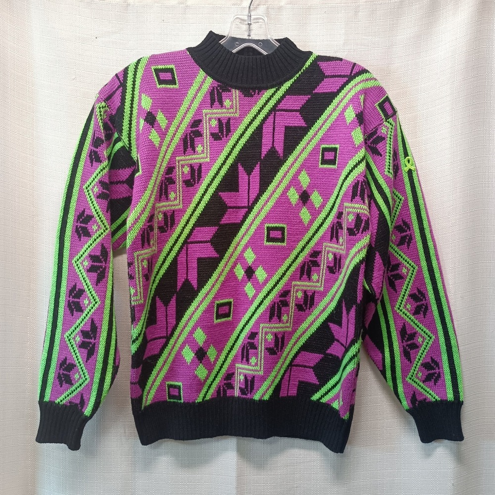 Vtg Demetre Women's L Purple Green Geometric Ski Sweater L Wool‎ Blend USA Made